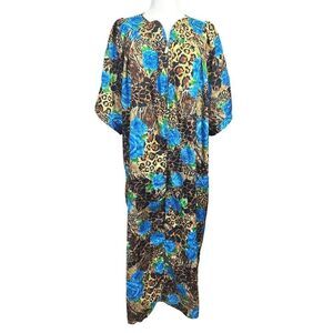 VTG Simply Basic BOHO Cottagecore Floral Animal Print Kaftan Mumu 1/2 Zip Robe